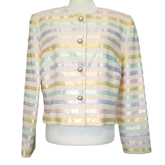 Vintage Talbots Cream Pastel Ribbon Stripe Blazer Pearl-Look Buttons Colorful - Picture 1 of 12